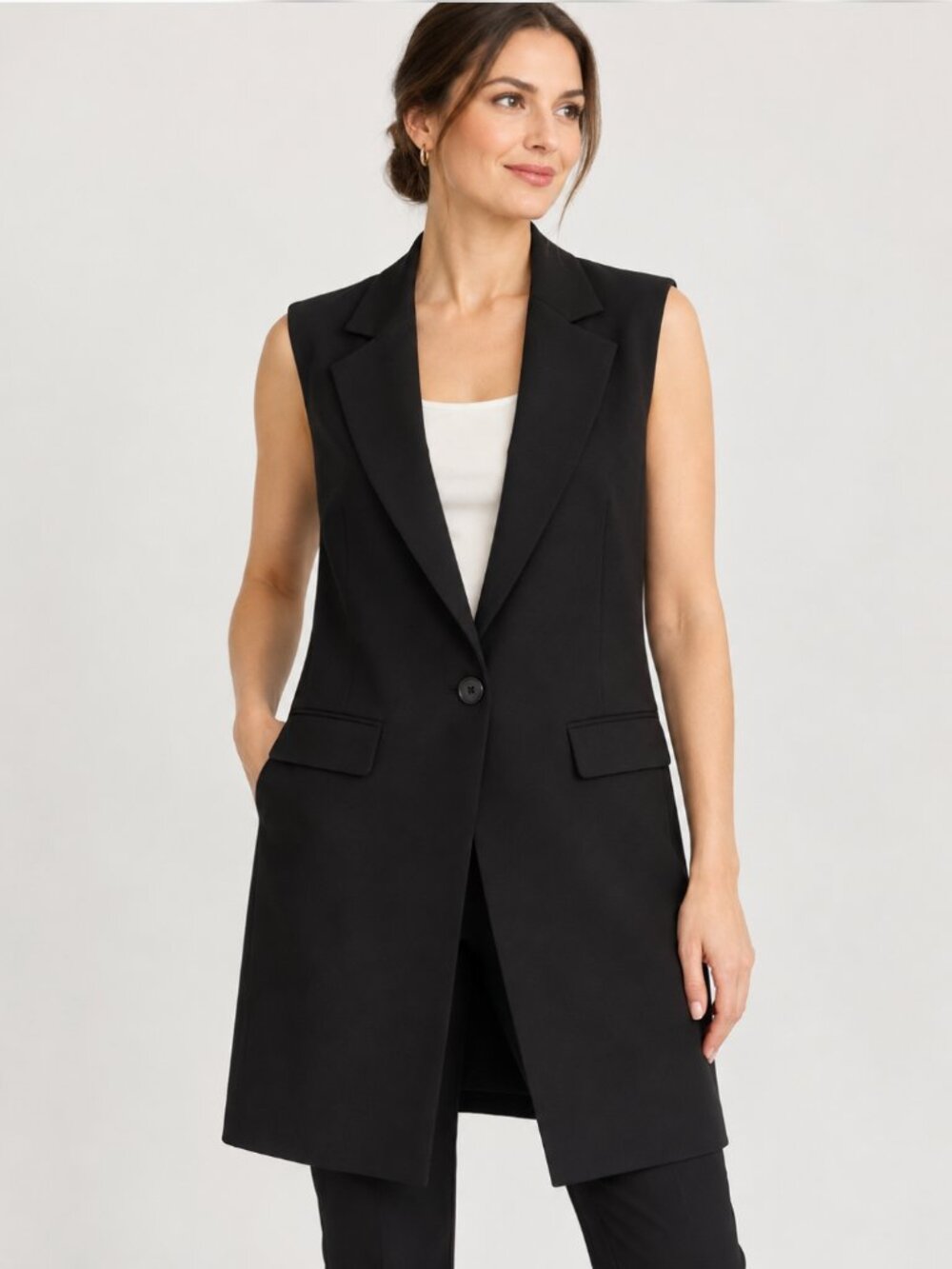 Eileen Fisher Black Long Sleeveless Vest Wool Blend Silk Lined M